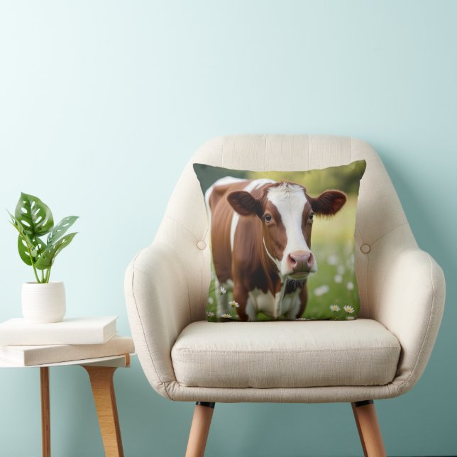 Guernsey Cow In Daisy Field Throw Pillow (Chair)