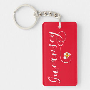 Guernsey Flag Heart Script Design Keychain
