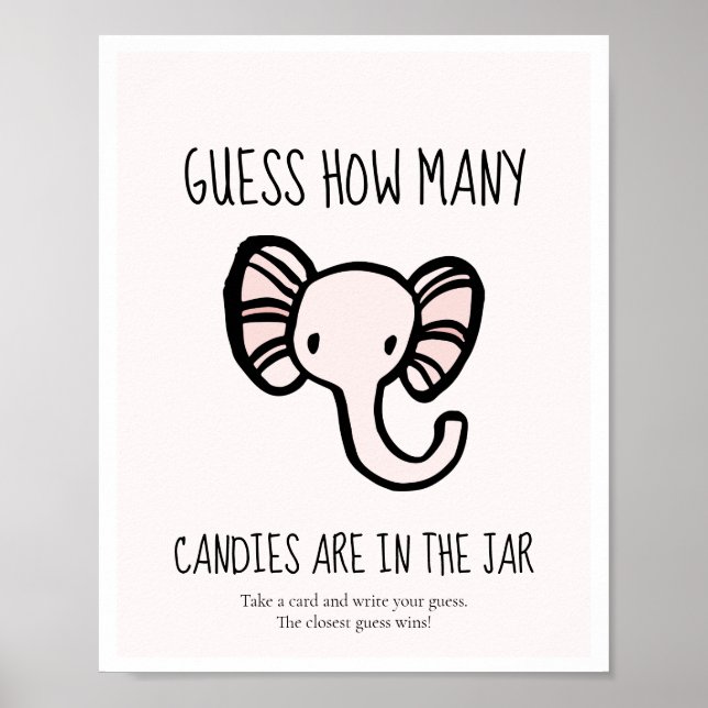 Guess how many Cute pink elephant Baby shower game Poster (Front)