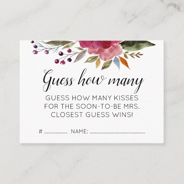 Guess How Many Kisses Flowers Bridal Shower Game Enclosure Card (Front)