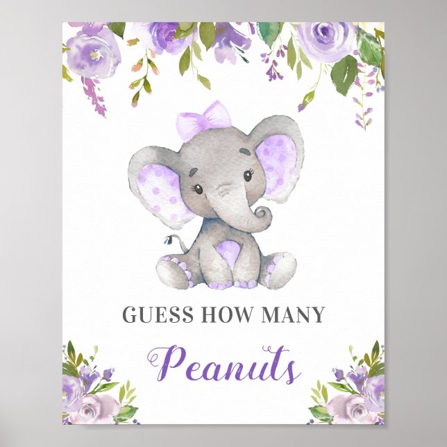 Guess How Many Peanuts Elephant Baby Shower Game Poster (Front)