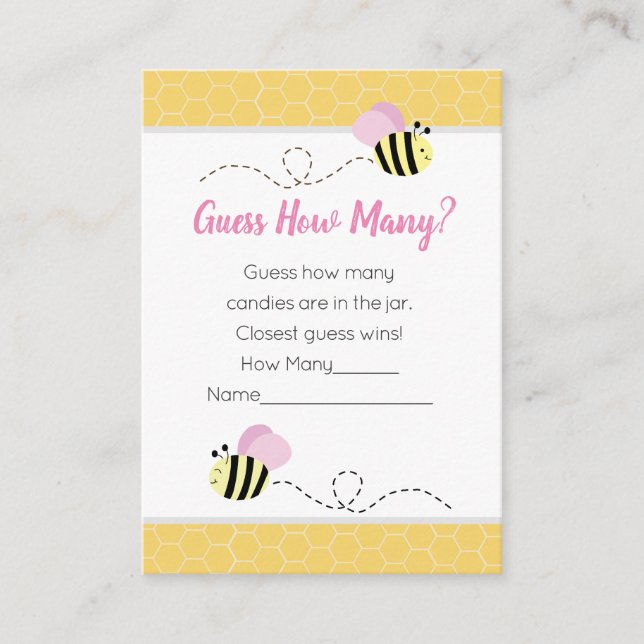 Guess How Many Pink Bumble Bee Baby Shower Game Enclosure Card (Front)