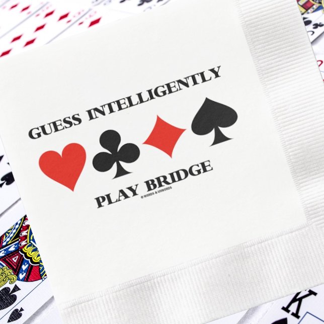 Guess Intelligently Play Bridge Four Card Suits Napkin (Paper napkin featuring four card suits and bridge advice saying "Guess Intelligently Play Bridge")