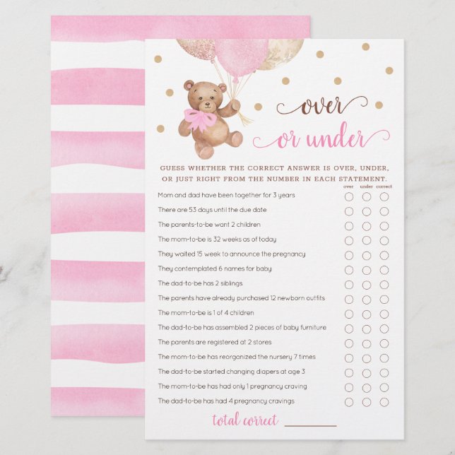 Guess Over or Under Game Baby Shower Teddy Bear  (Front/Back)