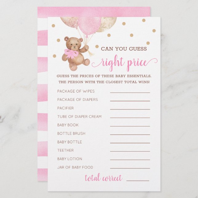 Guess Right Price Game Baby Shower Teddy Bear  (Front/Back)