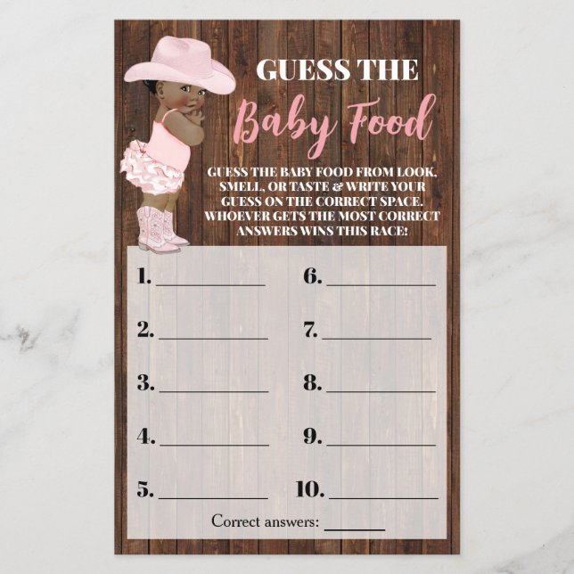 Guess the Baby Food AA Cowgirl Shower Game Card (Front)