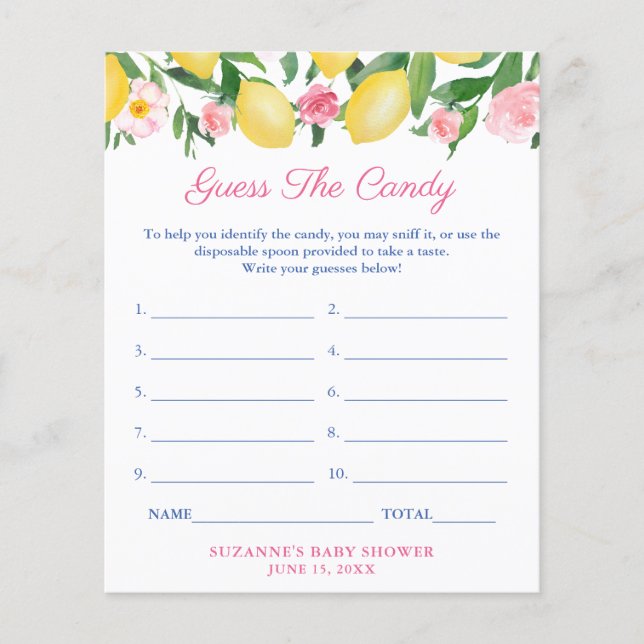 Guess The Candy Lemons Pink Baby Shower Game Card (Front)