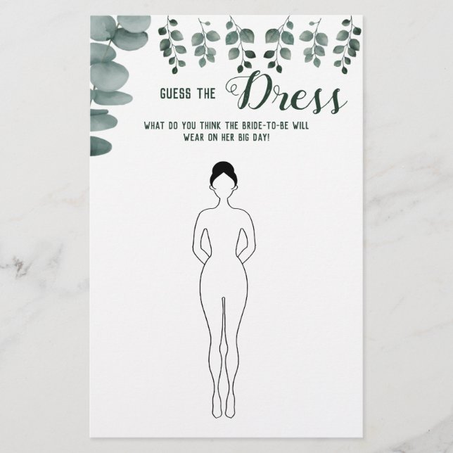 Guess the Dress Eucalyptus Bridal Shower Game Card (Front)