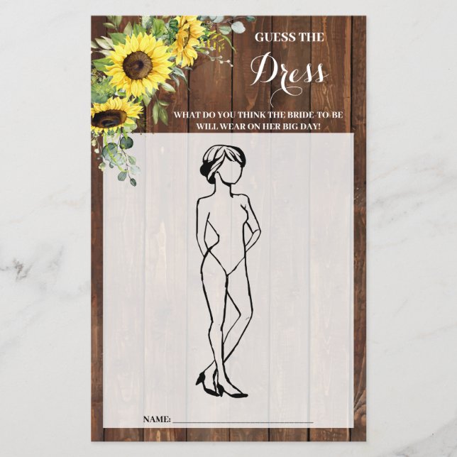 Guess the Dress Sunflowers Bridal Shower Game Card (Front)