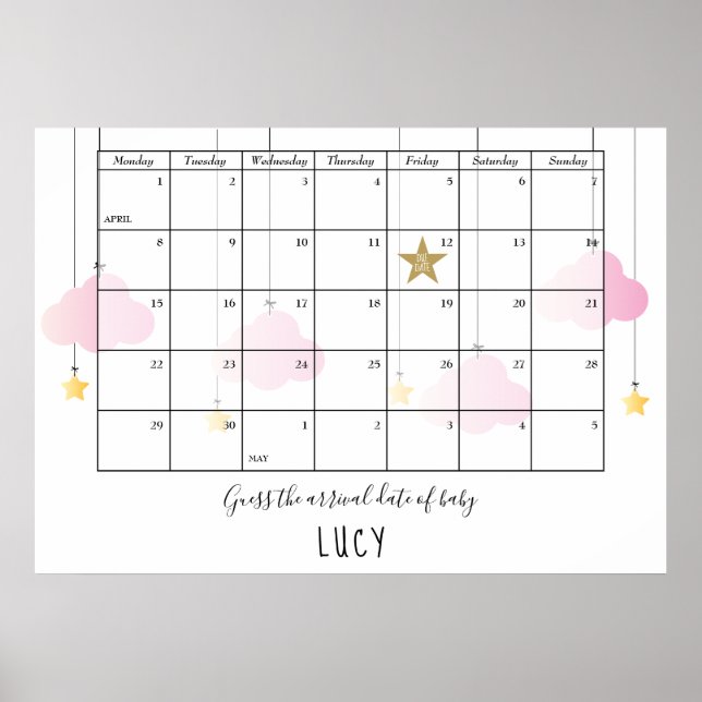 Guess The Due Date Clouds Stars Baby Shower Game Poster (Front)