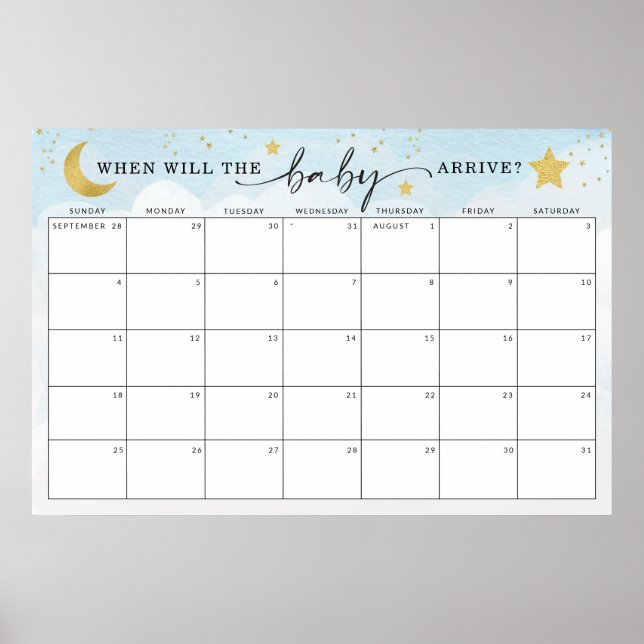 Guess the Due Date Over the Moon Baby Shower Game Poster (Front)