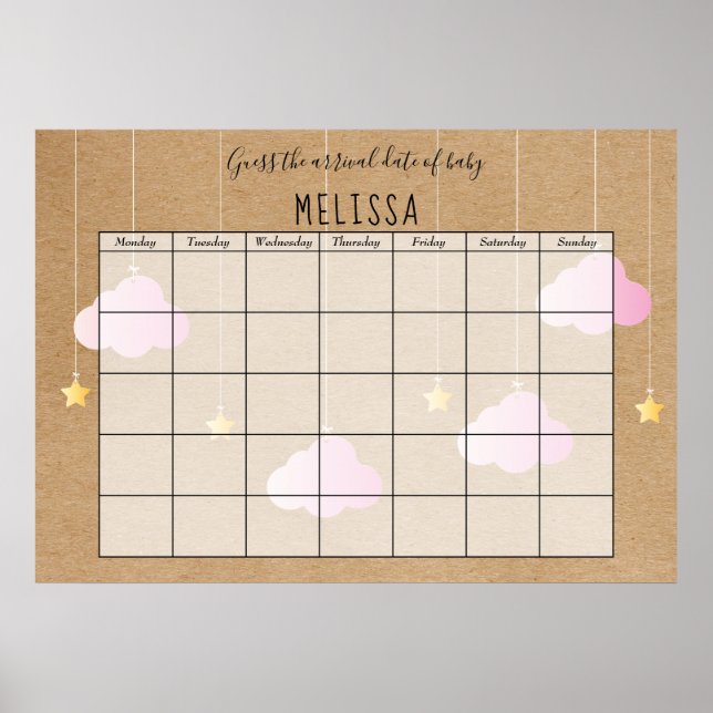 Guess The Due Date Rustic Pink Clouds Gold Stars Poster (Front)