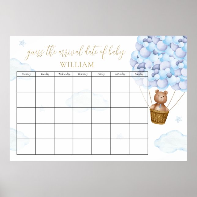 Guess The Due Date Teddy Bear Blue Balloons Poster (Front)