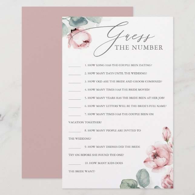 Guess The Number Dusty Rose Bridal Shower Game (Front/Back)