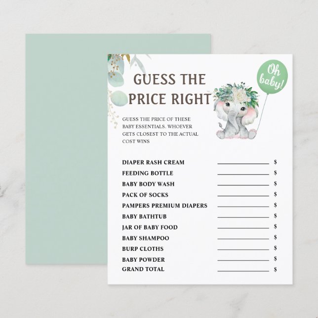 Guess The Price | Elephant Green Baby Shower Game (Front/Back)