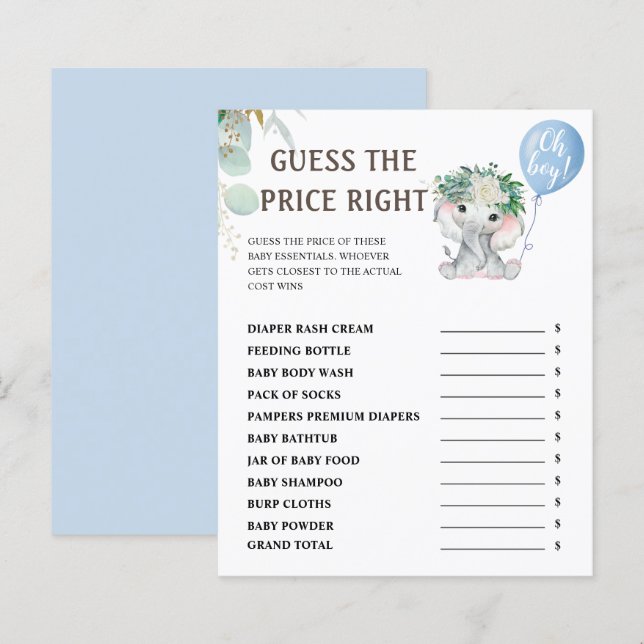 Guess The Price | Elephant Theme Baby Shower Game (Front/Back)