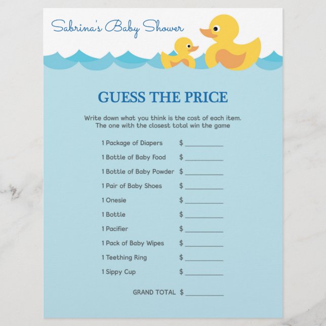Guess The Price Game Rubber Duck Baby Shower (Front)