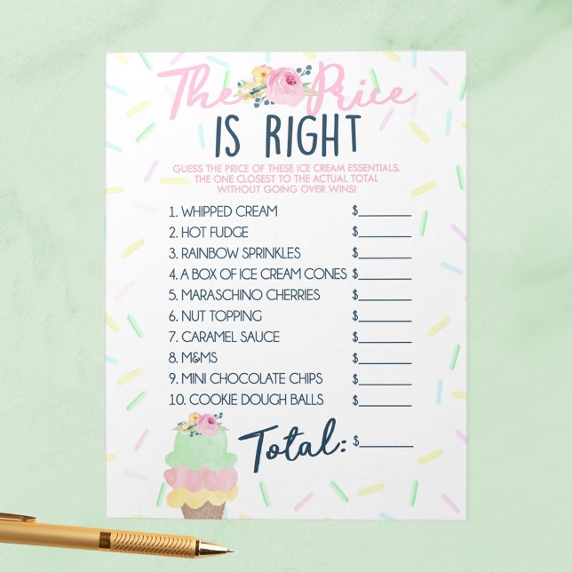 Guess the Price Ice Cream Essentials Game Pack Notepad (Guess Price Right Ice Cream Scooped Up Bridal Shower Game Pack of 40 Answer Sheets)