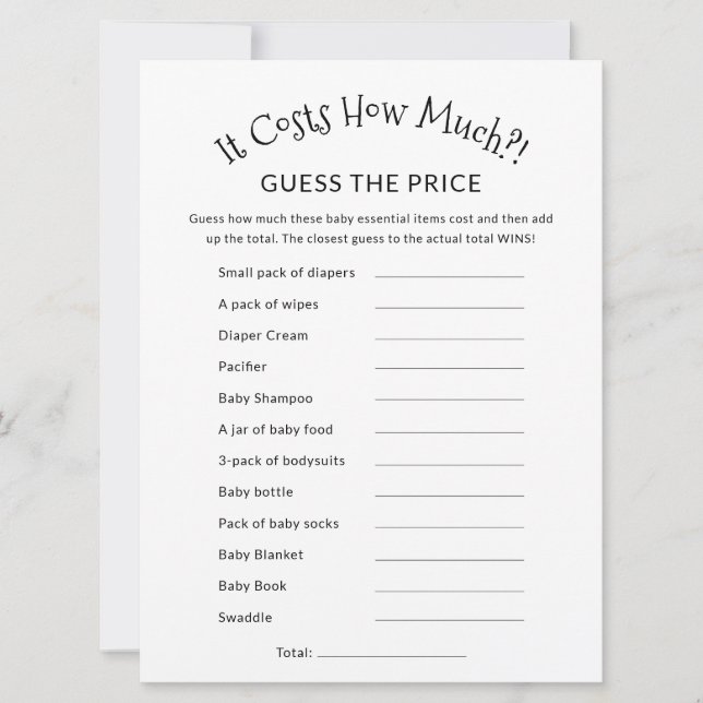 Guess The Price Minimalist Simple Baby Shower Game Card (Front)