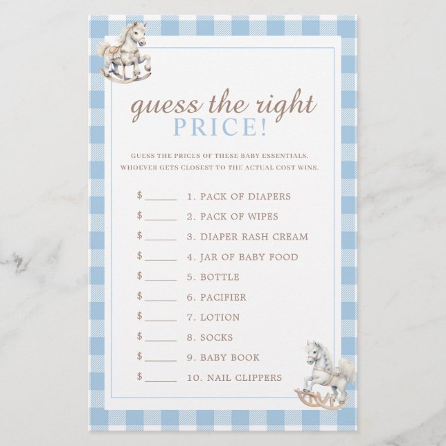 Guess the Price Rocking Horse Baby Shower Game (Front)