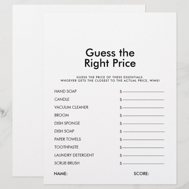 Guess the Right Price Bridal Shower Game (Front/Back)