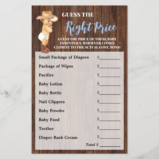 Guess the Right Price Cowboy Baby Shower Game Flyer (Front)
