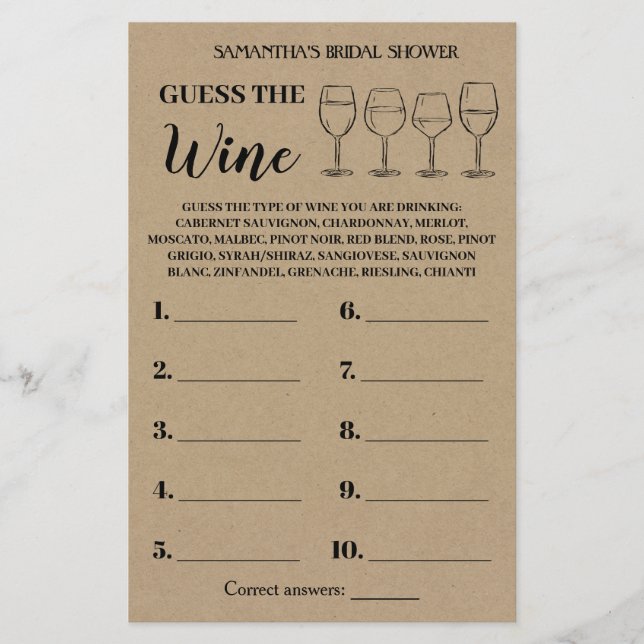 Guess the Wine Rustic Bridal Shower Game Card (Front)