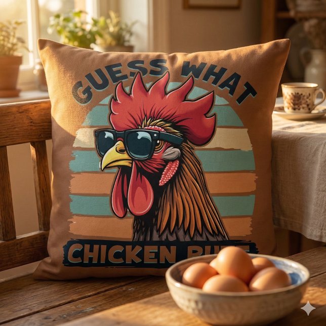 Guess What Chicken Butt Funny Retro Rooster Throw Pillow (Guess What Chicken Butt Funny Retro Rooster Throw Pillow Mockup D)