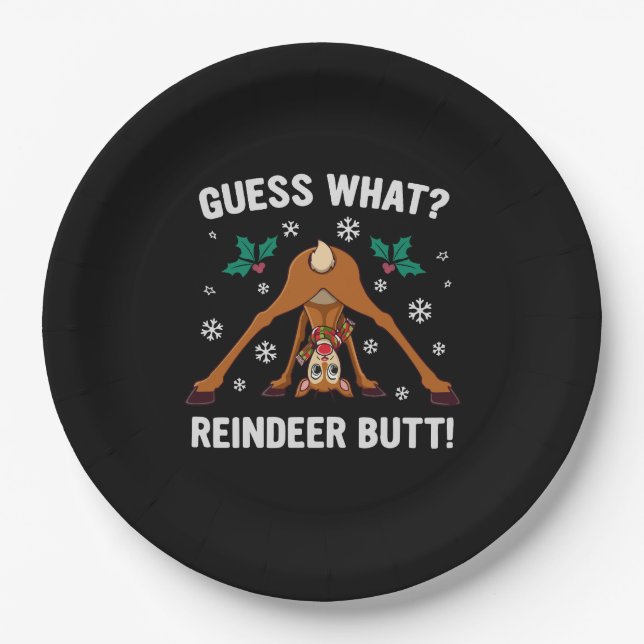 Guess What Reindeer Butt Christmas Joke Paper Plate (Front)