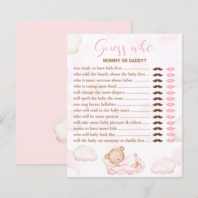 Guess Who Bear Pink Baby Shower Game (Front/Back)
