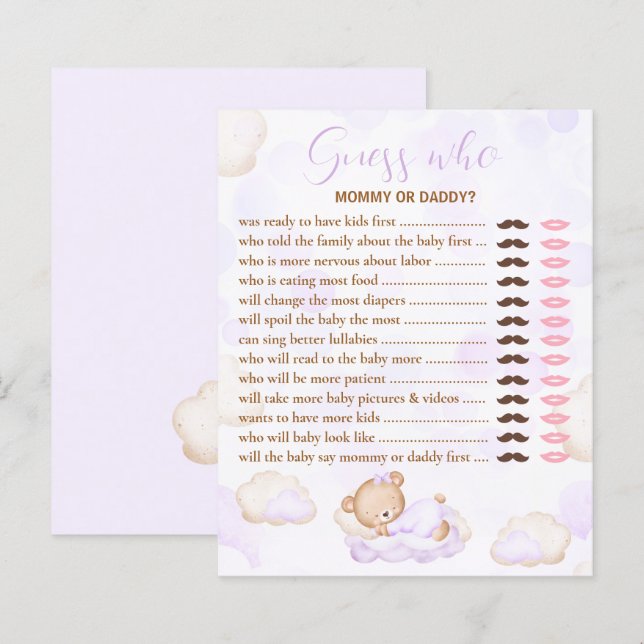Guess Who Bear Purple Lavender Baby Shower Game (Front/Back)