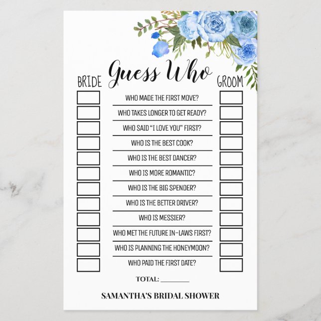 Guess Who Blue Flowers Bridal Shower Game Card (Front)