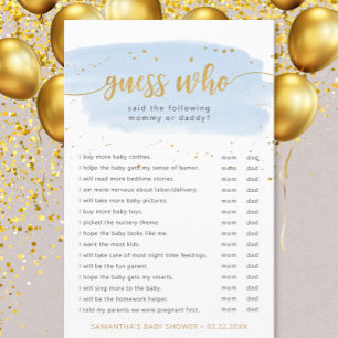 Guess Who blue watercolor + gold baby shower game