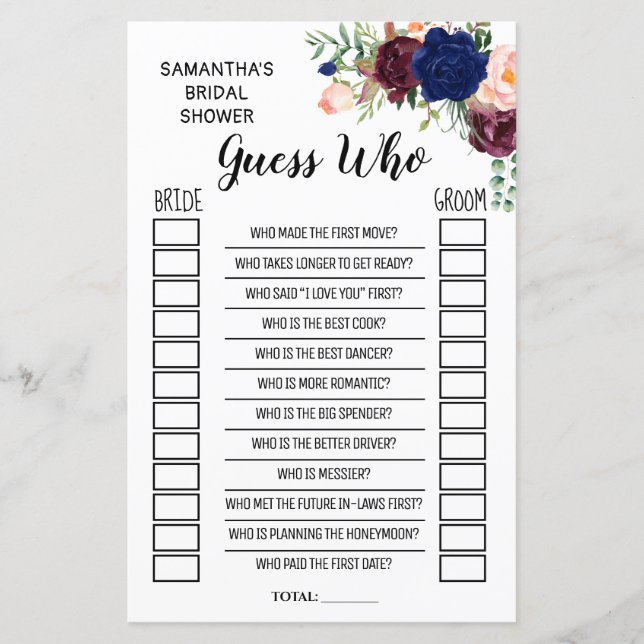 Guess who bridal shower english spanish game (Front)