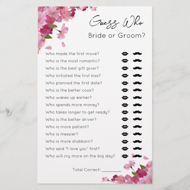 Guess Who- Bride or Groom- Bridal Shower Game (Front)