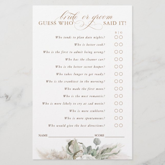 Guess Who Bride or Groom Game Card (Front)