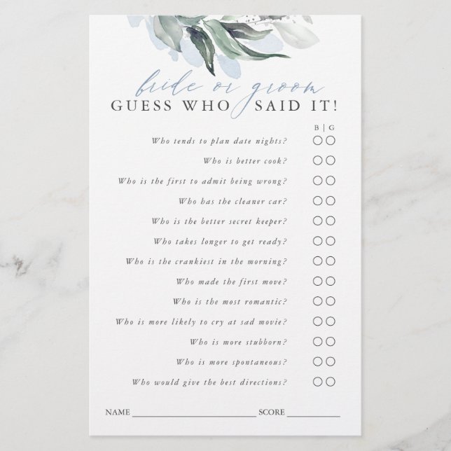 Guess Who Bride or Groom - Greenery Game Card (Front)