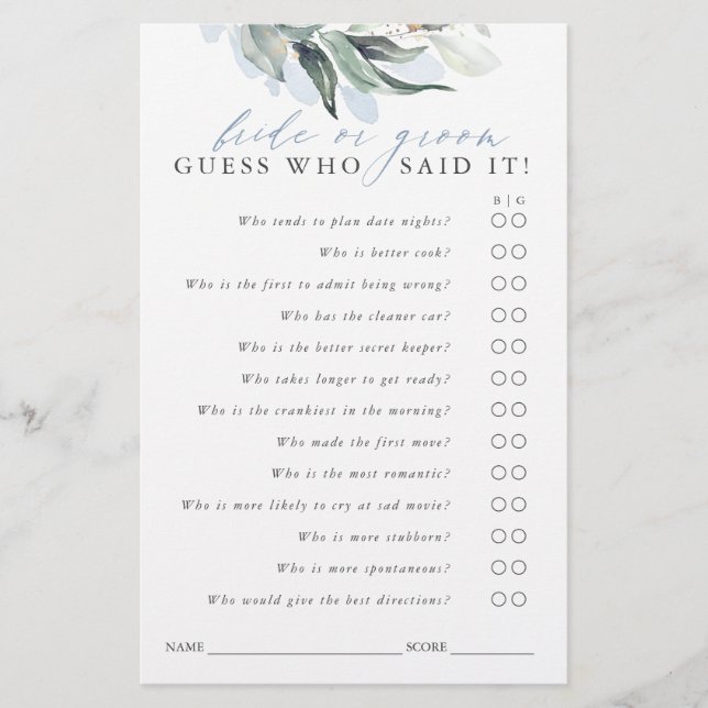 Guess Who Bride or Groom - Greenery Game Card (Front)