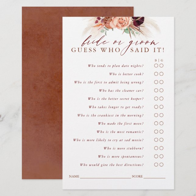 Guess Who Bride or Groom - Pampas Grass Game Card (Front/Back)