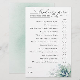 Guess Who Bride or Groom - Succulents Game Card