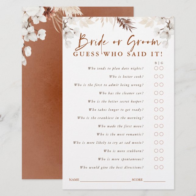 Guess Who Bride or Groom - Terracotta Floral Game (Front/Back)