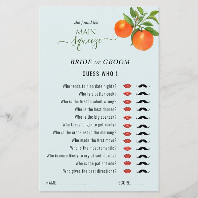 Guess Who Citrus Orange Bridal Shower game  (Front)