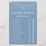 Guess Who Dusty Blue Lights Bridal Shower Game<br><div class="desc">This lovely dusty blue lights Guess Who? bridal shower game sheet is simple and charming - perfect for any shower. This fun and easy game is sure to bring lots of laughter to any bridal shower! Simply give a sheet to each guest (don't forget the pens) and let the fun...</div>