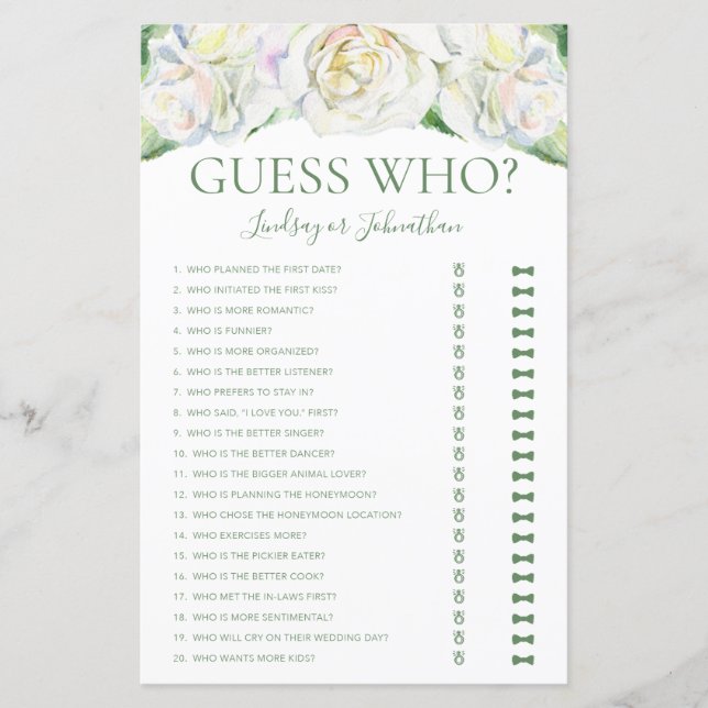Guess Who Elegant White Roses Bridal Shower Game (Front)