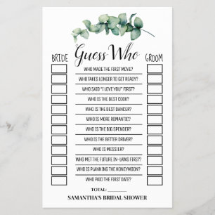 Guess Who Eucalyptus Bridal Shower Game Card