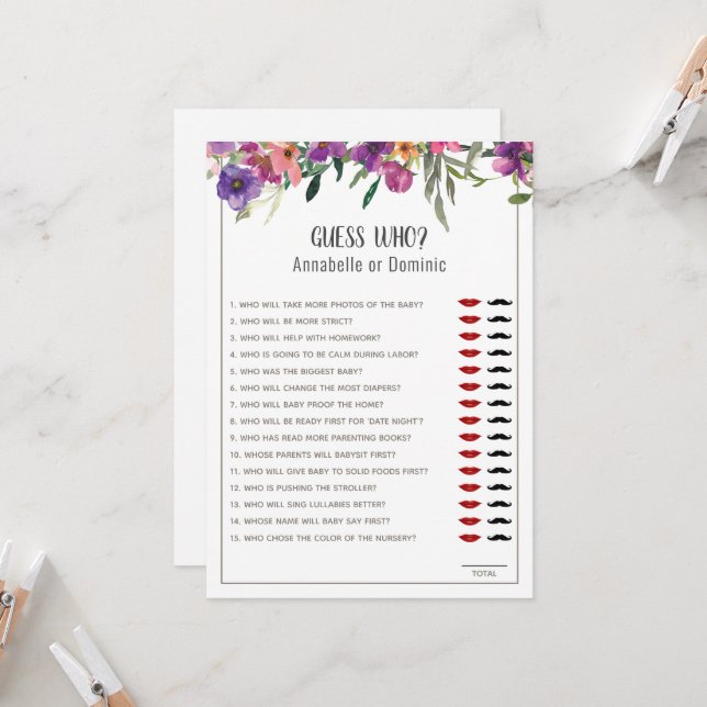 Guess Who Floral Editable Baby Shower Game  Invitation (Front/Back In Situ)