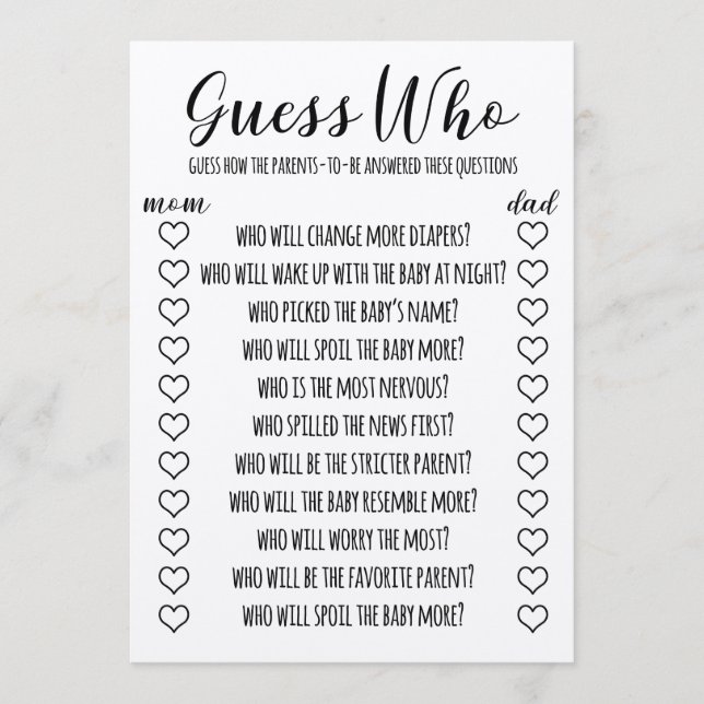 Guess Who Funny Baby Shower Game Program (Front)