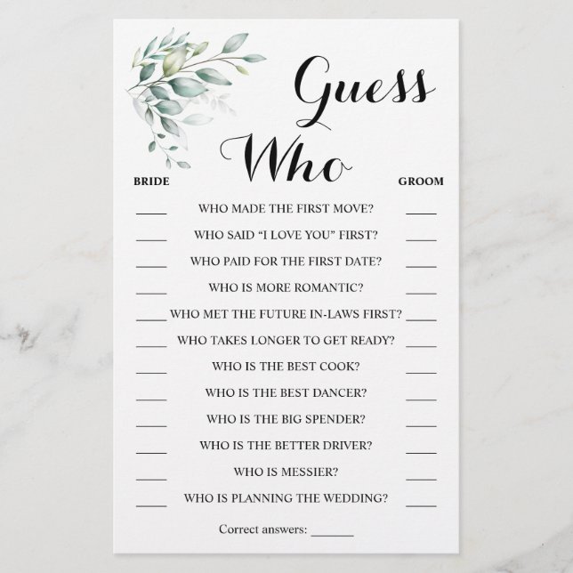 Guess Who Greenery Eucalyptus Shower Game Card (Front)