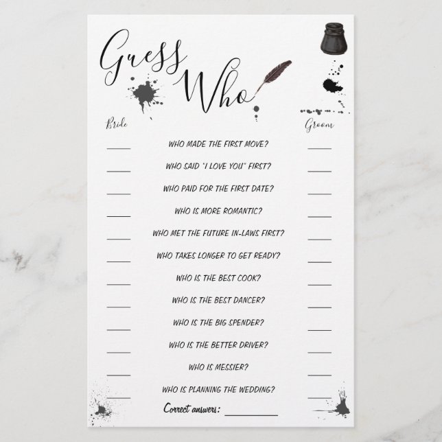 Guess Who Greenery Pen & Inkwell Shower Game Card (Front)