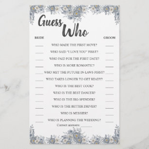 Guess Who Grey Floral Shower Game Card
